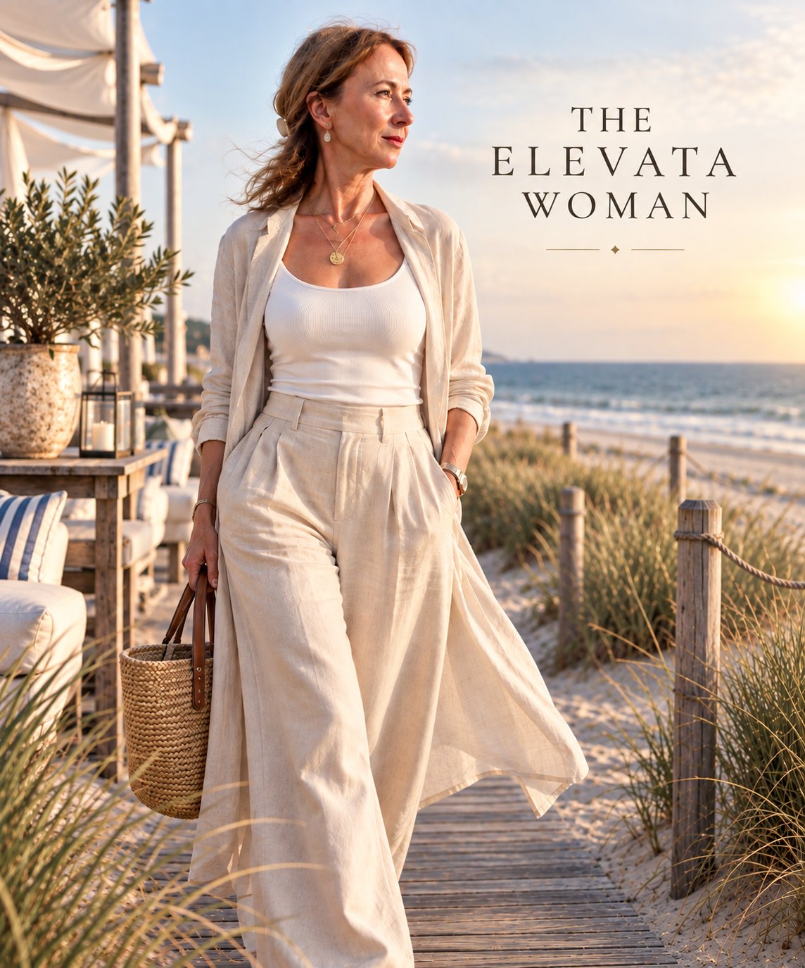 A woman in linen on the boardwalk to the beach at golden hour