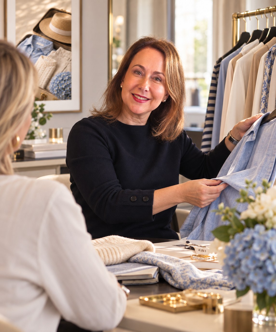Kirsten going through a rail of clothes with a client